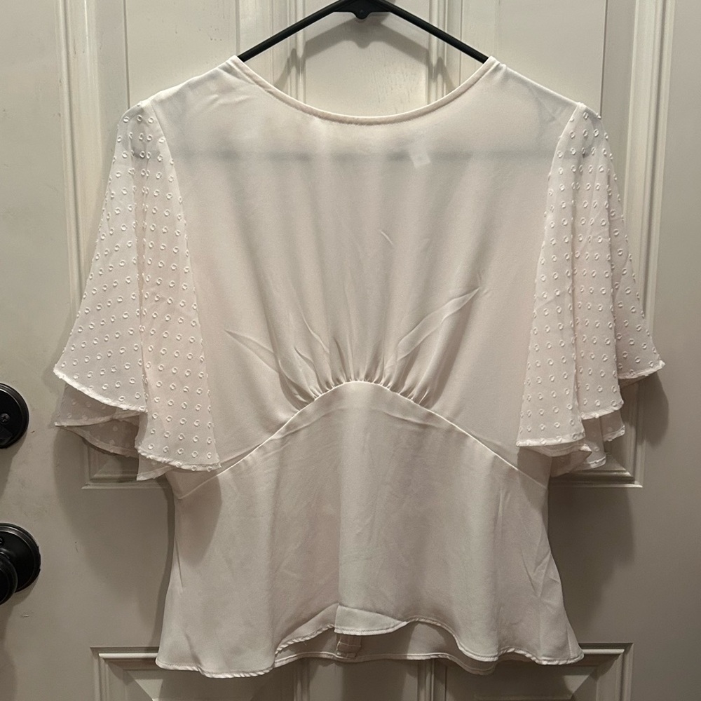 Express small petite cropped flutter sleeve cream blouse